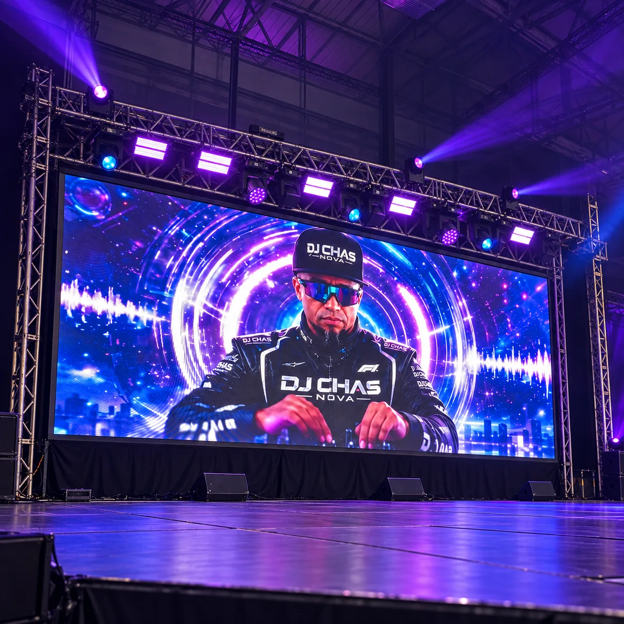 Painel de LED completo durante uma produção com iluminação cênica